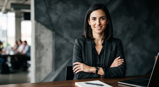 Artistic high-contrast portrait of Danielle Kross, an analytical female product growth expert in modern smart casual attire, dark grey architectural wall backdrop, sharp facial features, confident posture.