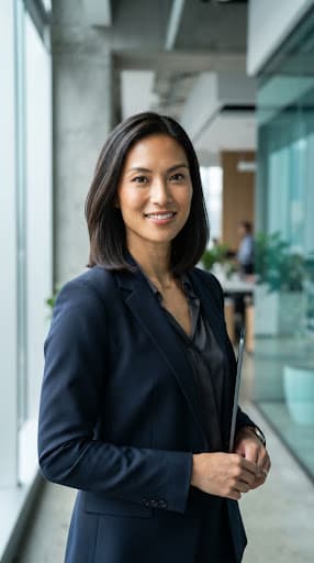 Close up architectural portrait of Maya Thorne, a professional growth executive woman in her 30s with crisp natural lighting, deep contrast, modern office minimalist background, neutral cool tones with soft teal reflection.