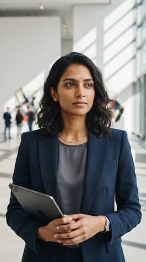 Crisp editorial portrait of an Indian female machine learning infrastructure specialist wearing dark architectural blazer, thoughtful neutral expression, modern gallery backdrop with crisp architectural shadows.