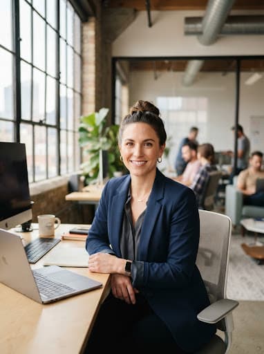 Dynamic portrait of Megan Vance, a focused B2B paid media director with dark hair tied back, natural diffused window lighting in an open modern tech loft, professional, direct eye contact.