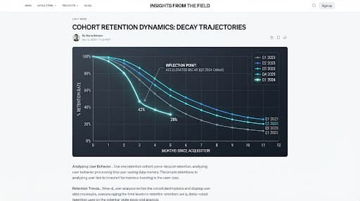 Editorial graphic visualization of time-decay cohort analysis curves on a light technical grid.