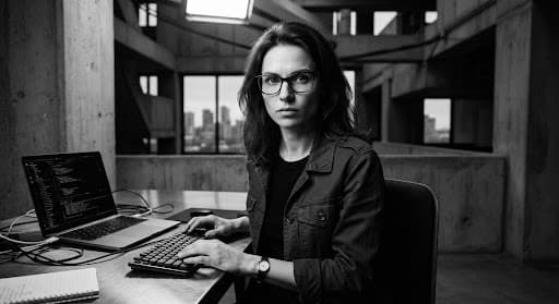 Editorial monochrome portrait of a Caucasian female security and cryptography engineer with glasses, looking forward with intense focus, crisp overhead key light, architectural brutalist styling.
