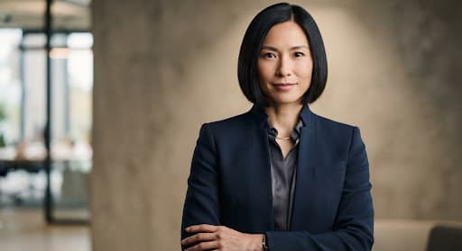 Editorial portrait of an Asian female senior full-stack software architect with sleek hair, wearing a structured dark collar, shot in high resolution with soft directional studio light, minimalist editorial aesthetic.