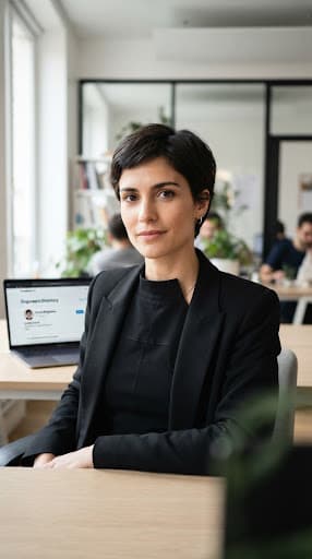 Editorial portrait of a French female frontend performance engineer with short dark hair, wearing minimalist black architectural apparel, direct steady gaze, high-end design journal lighting.