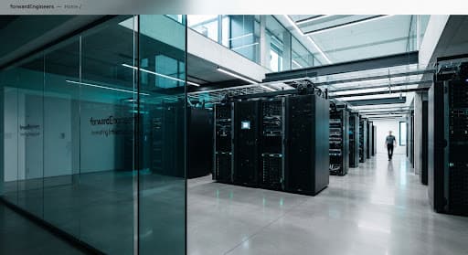 High-contrast minimalist architectural photography of server racks with teal ambient reflections.