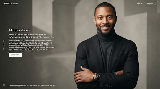 High-end editorial studio portrait of Marcus Vance, African American male cloud infrastructure architect, clean geometric lighting, sophisticated expression, modern dark turtleneck against muted neutral studio backdrop