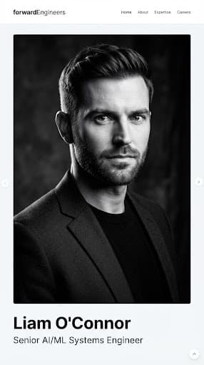 High fashion studio headshot of Liam O'Connor, Caucasian male senior AI/ML systems engineer, modern minimalist aesthetic, crisp rim light, focused expression, high contrast black and white styling
