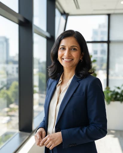 High-resolution editorial headshot of Aarti Rao, a South Asian female developer relations director, smiling warmly against clean geometric architectural window panes, directional morning sunlight.