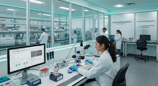 High-tech biotechnology research laboratory with sterile clinical workstations and cleanroom glass partitions.