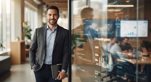 Intellectual portrait of Felix Baum, a male marketing analytics architect, standing beside modern architectural glass panel with subtle data code reflections, warm ambient soft focus studio depth.