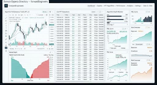 Algorithmic trading screen visualization with dense teal data columns and dark metallic architecture.