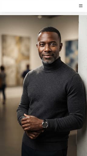 Sophisticated portrait of Samuel Osei, a Black male executive brand strategist, styled in dark minimal turtleneck, soft directional studio rim lighting, refined expression, modern art gallery mood.
